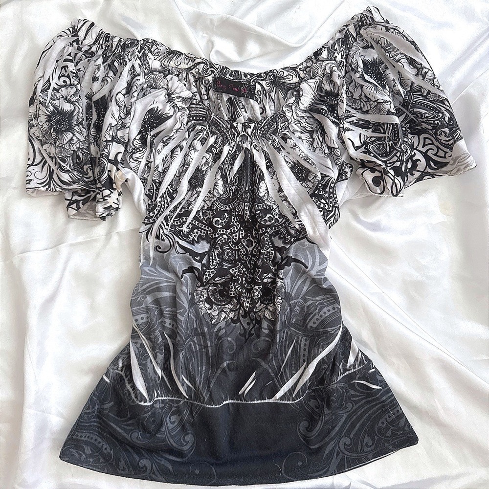 Royal Soul Black White Floral Paisley Ombre Off Shoulder Tunic Top Y2K Boho